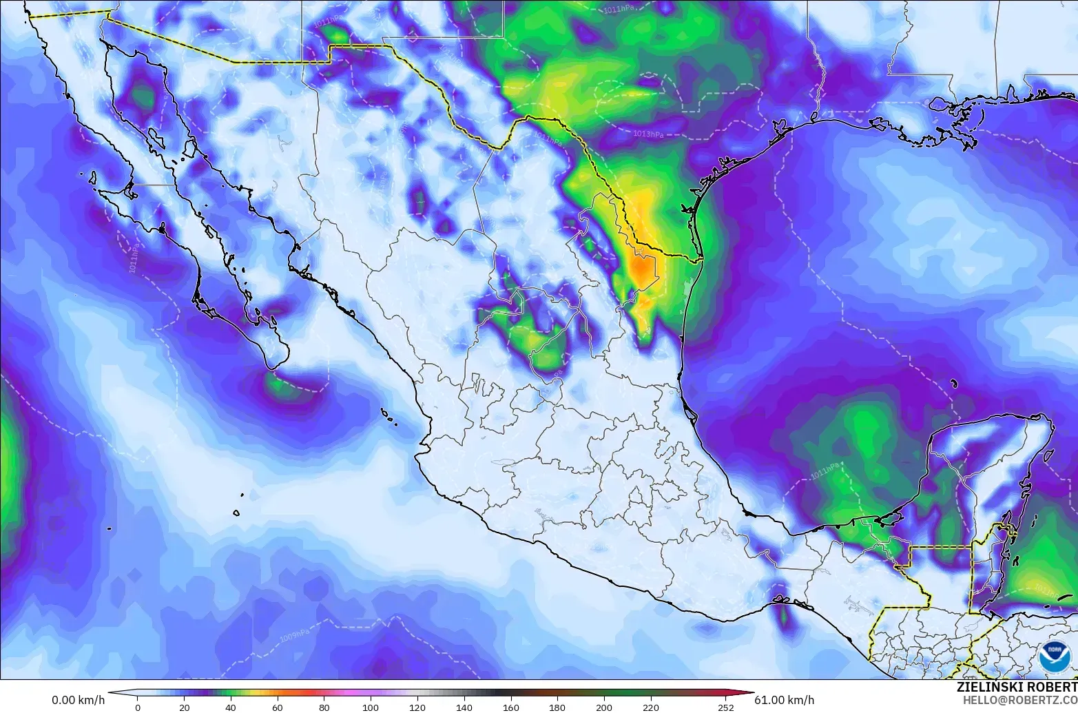 GFS modelo - México, Rajadas de Vento Máximas