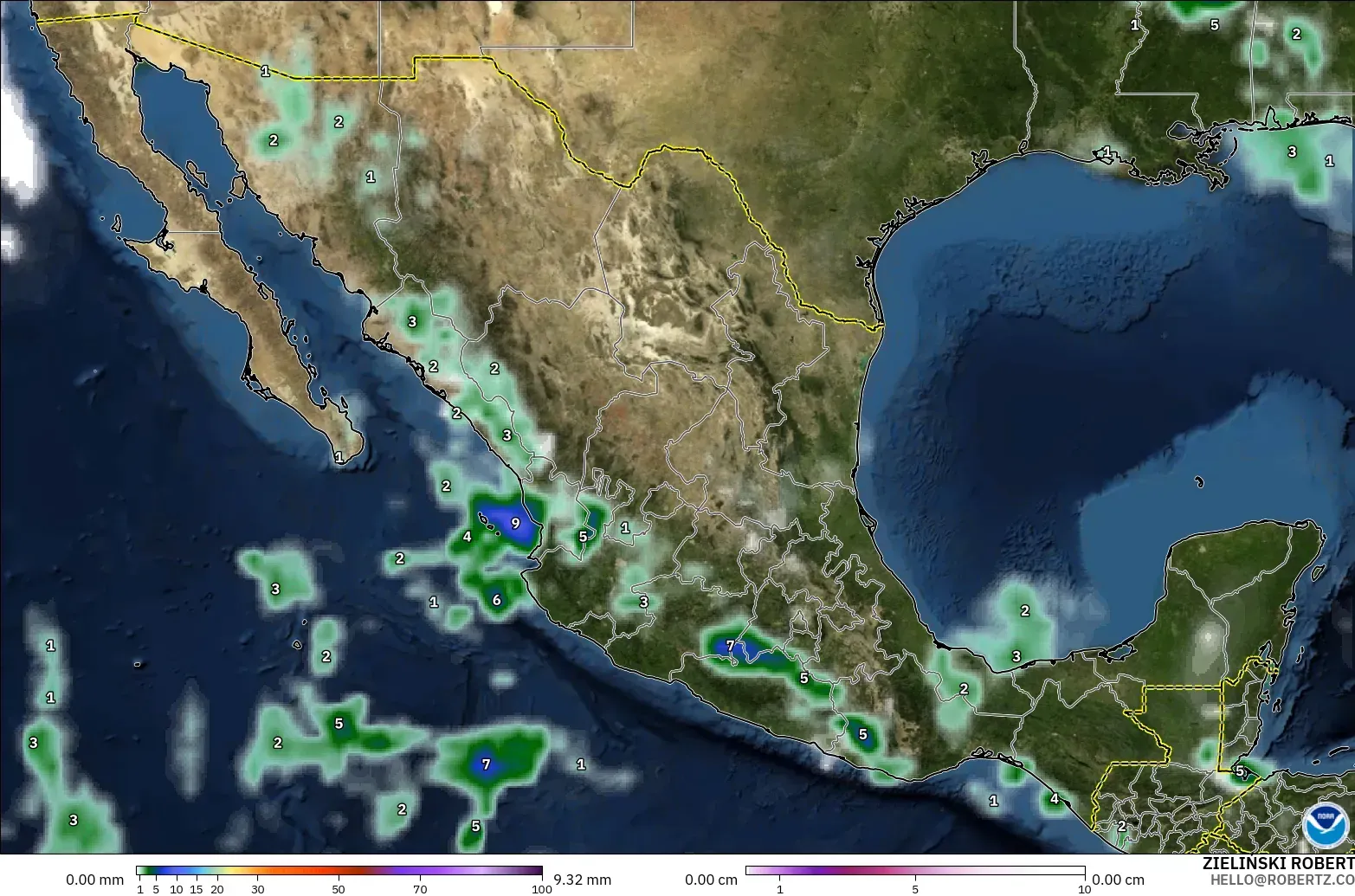 GFS modelo - México, Precipitação, nuvens e pressão