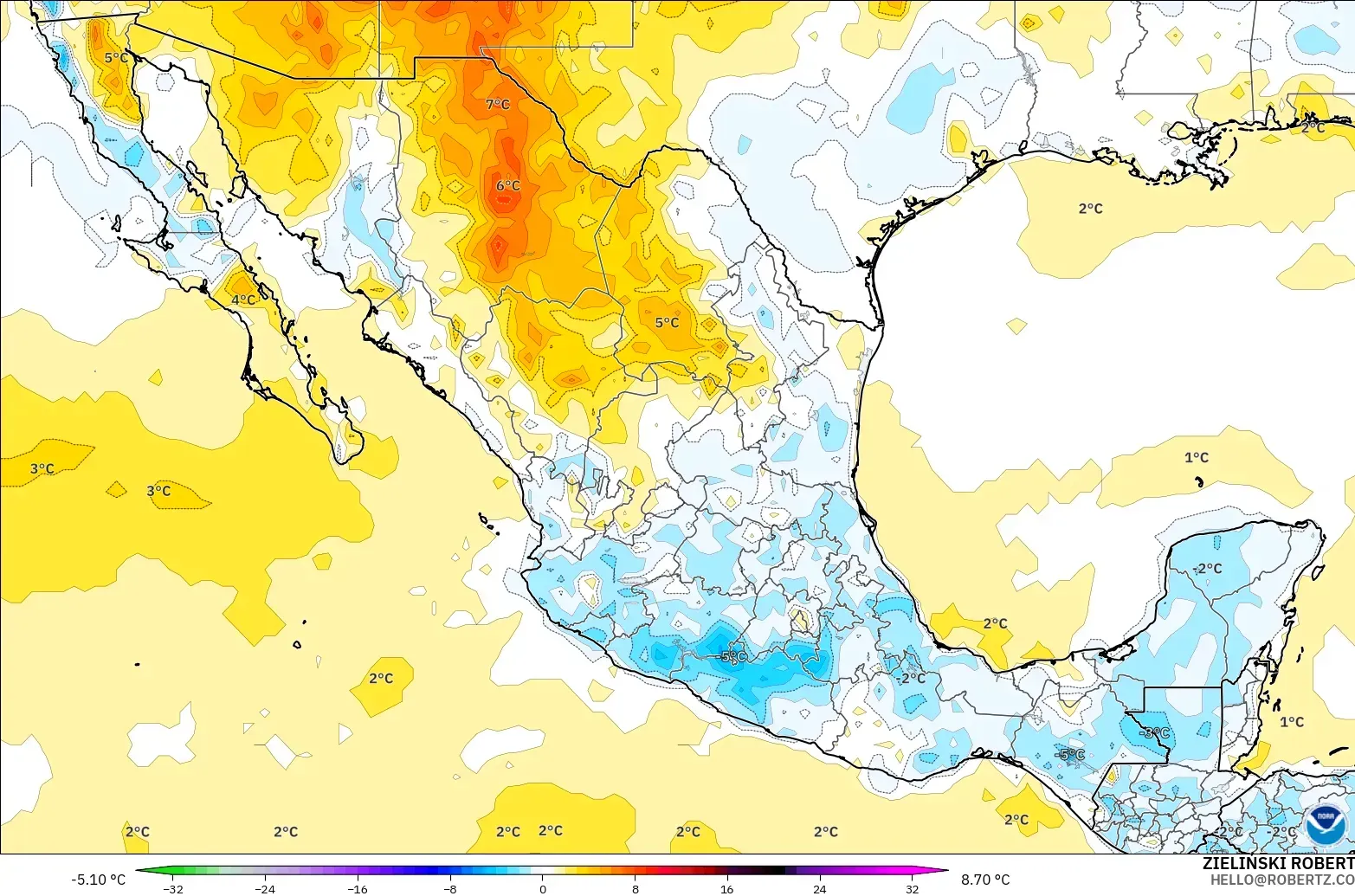 GFS modelo - México, Anomalia de temperatura a 2 m