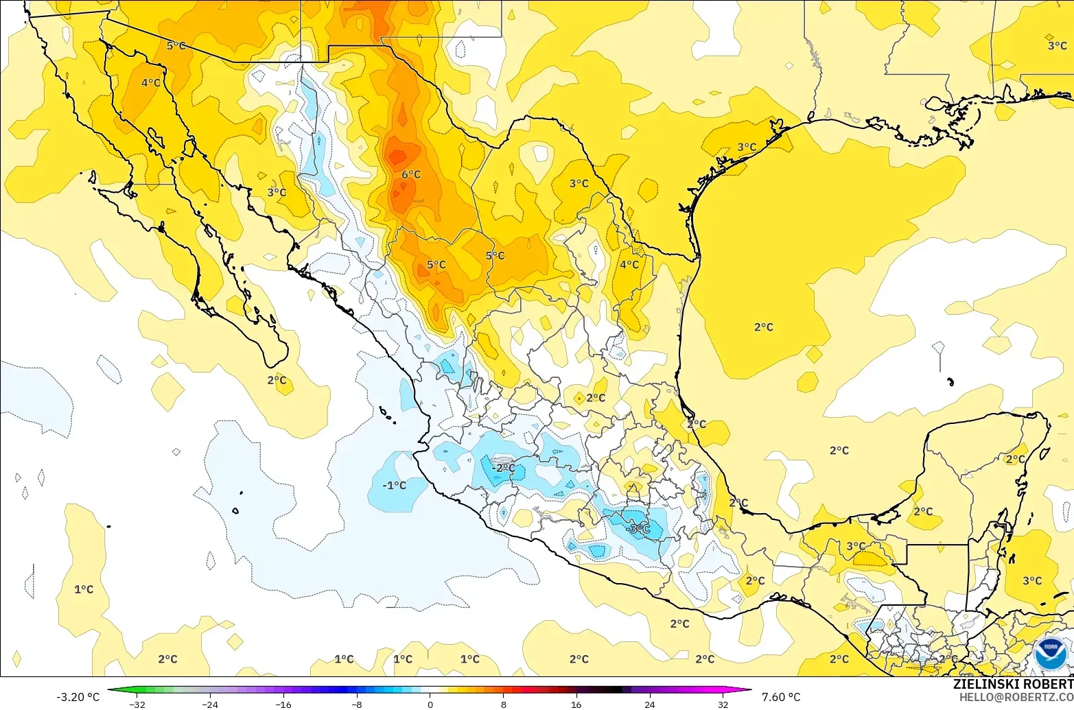 GFS modelo - México, Anomalia de temperatura a 850 hPa