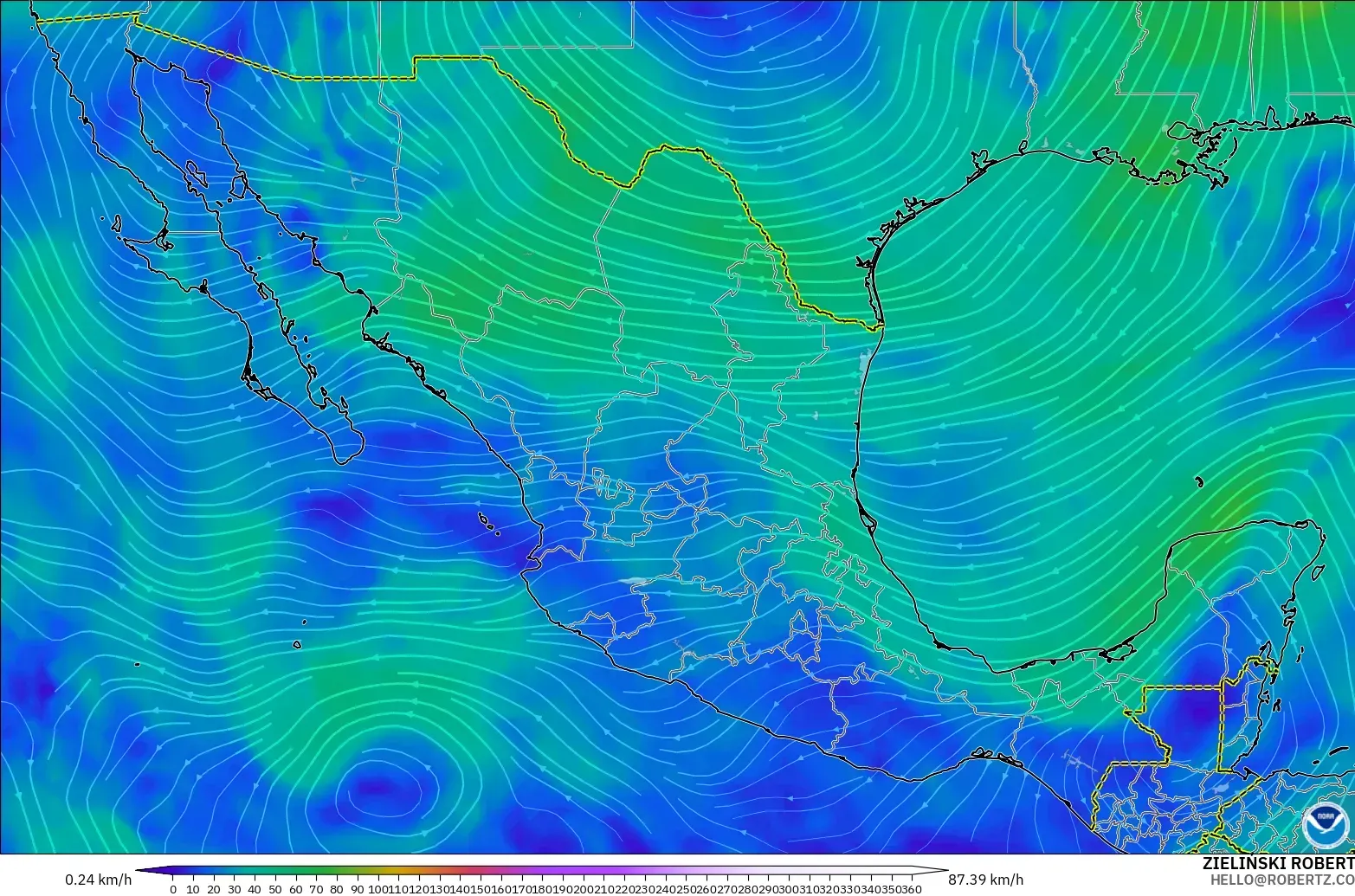 GFS modelo - México, Vento a 300 hPa (corrente em jato)