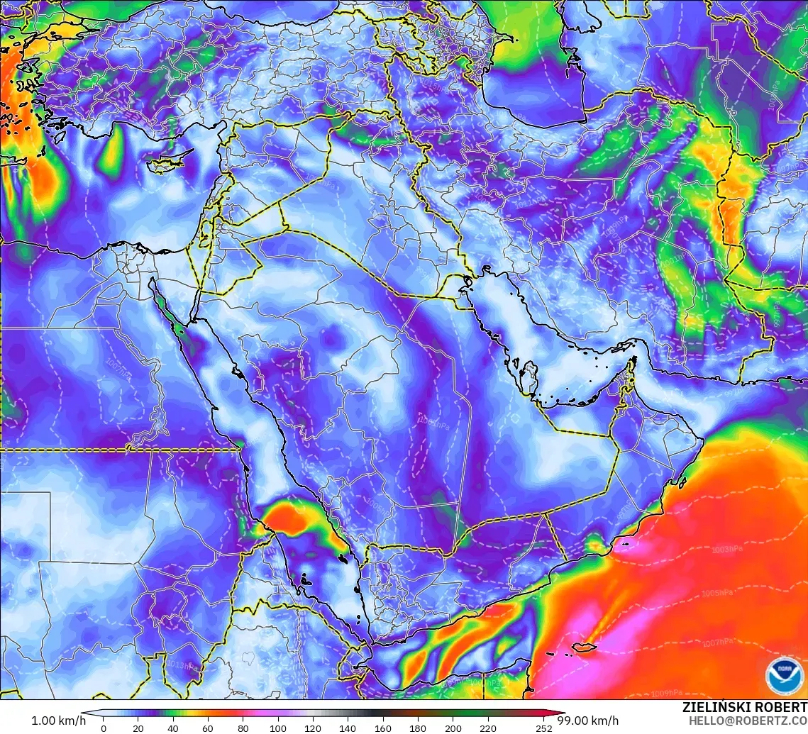 GFS modelo - Oriente Médio, Rajadas de vento