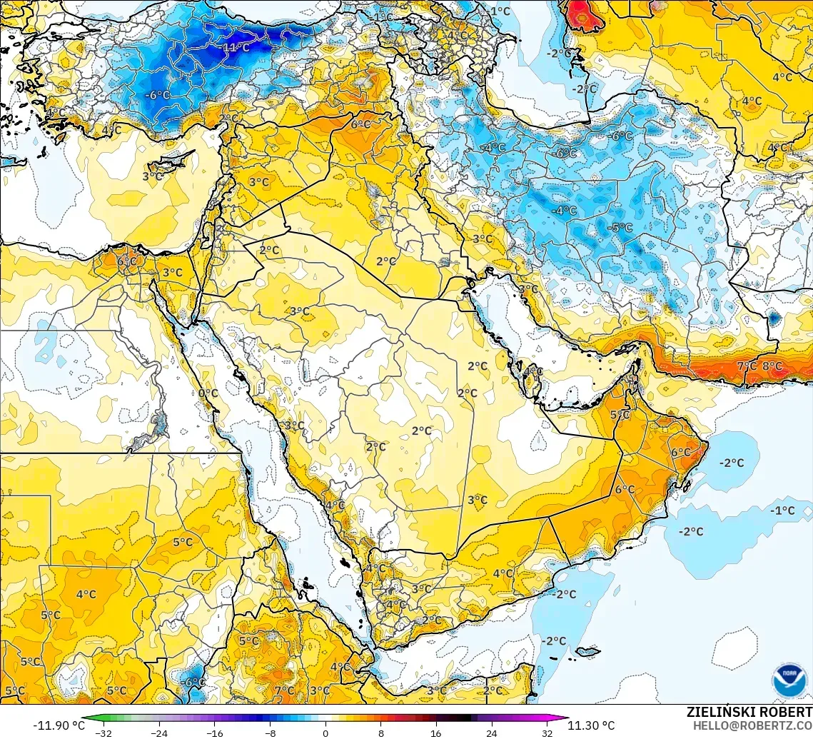 GFS modelo - Oriente Médio, Anomalia de temperatura a 2 m