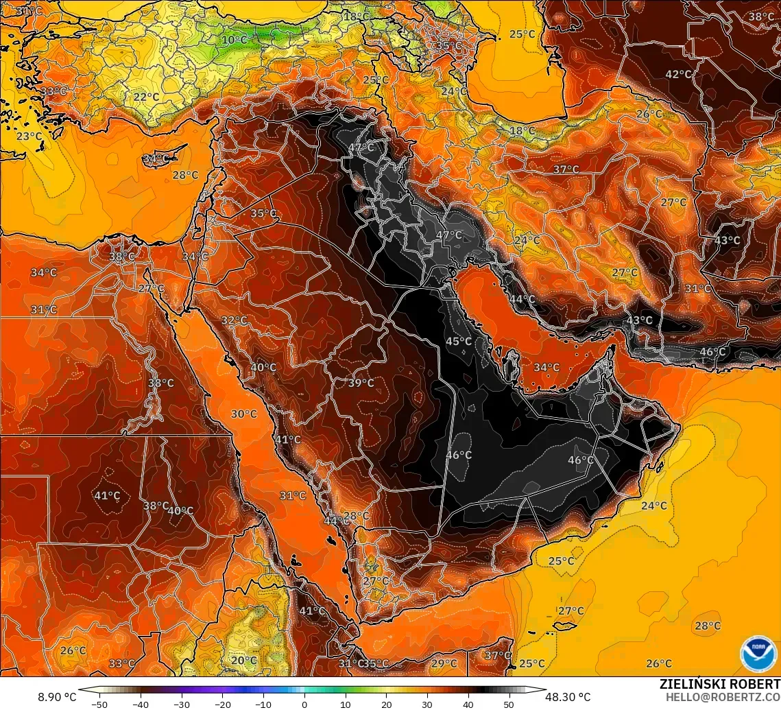 GFS modelo - Oriente Médio, Temperatura a 2 m