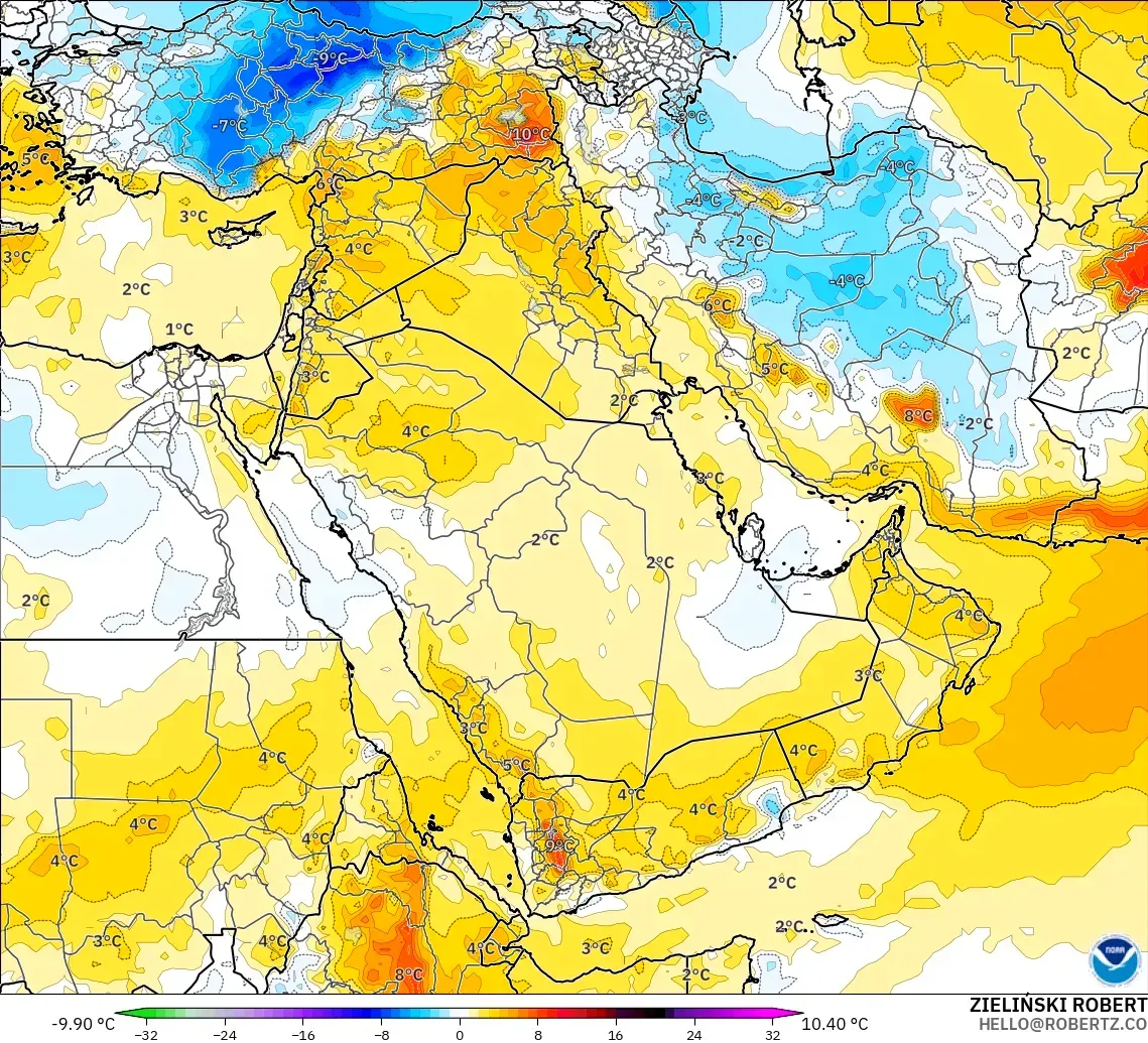 GFS modelo - Oriente Médio, Anomalia de temperatura a 850 hPa