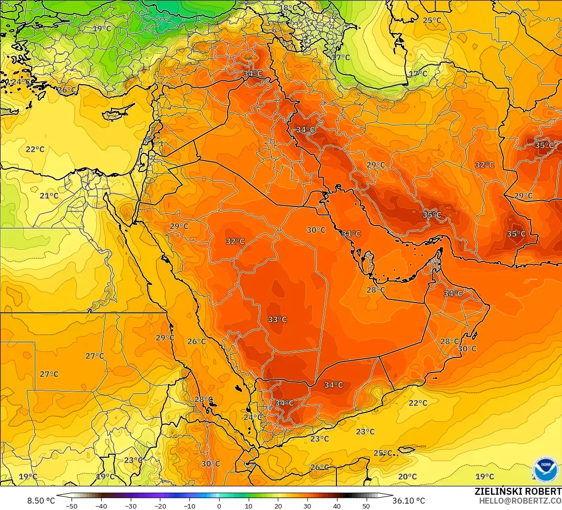 GFS modelo - Oriente Médio, Temperatura a 850 hPa