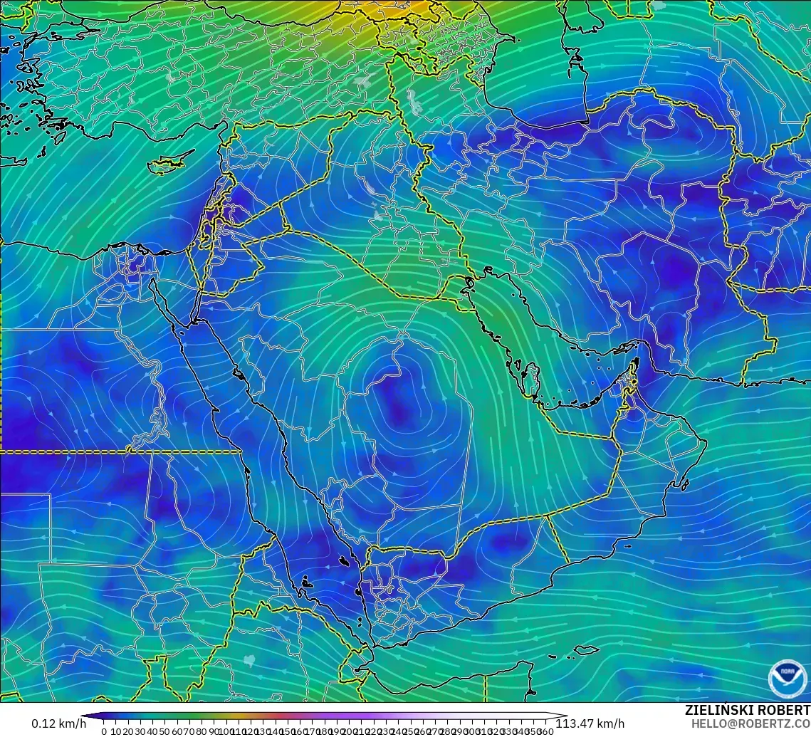 GFS modelo - Oriente Médio, Vento a 300 hPa (corrente em jato)