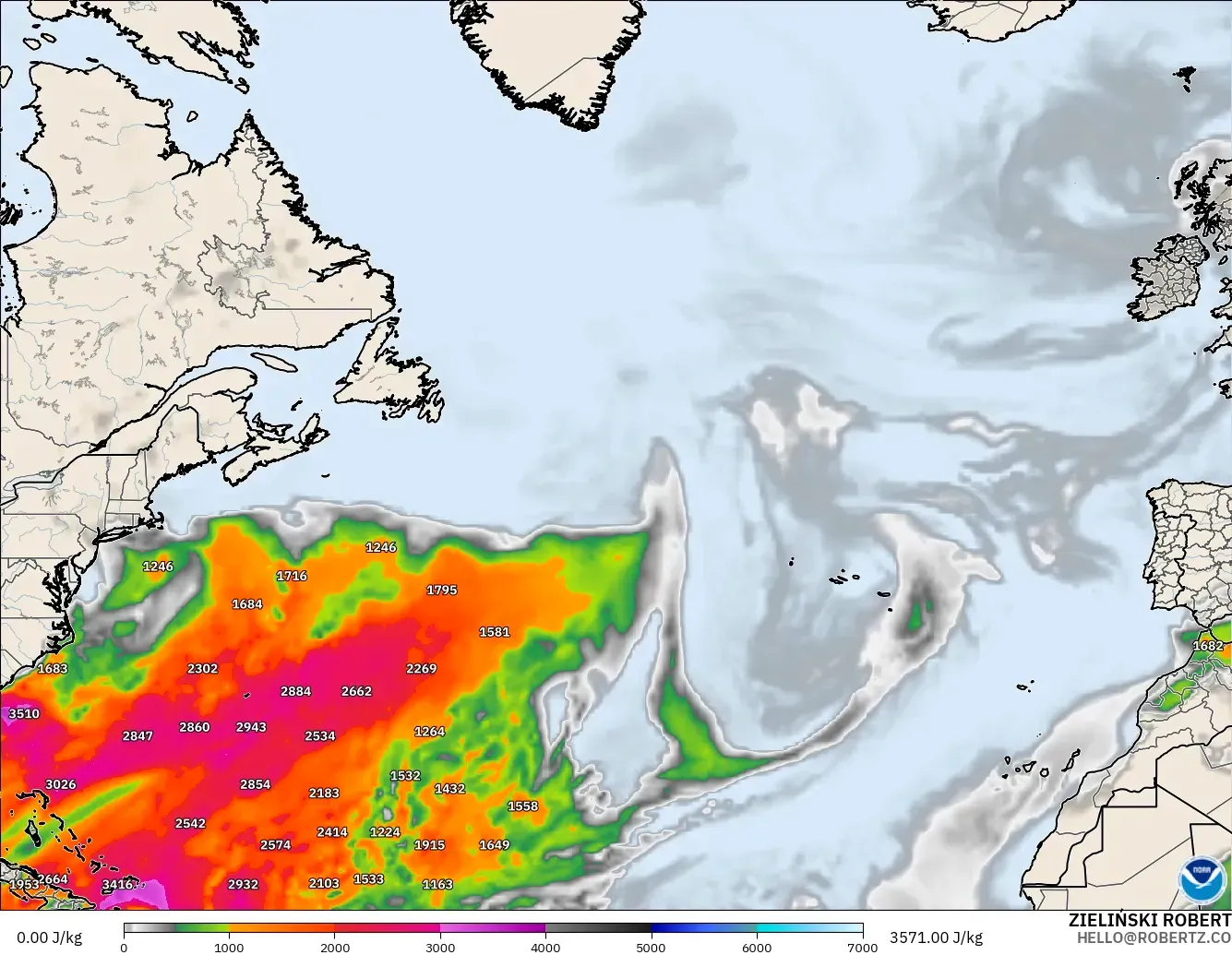 GFS modelo - Atlântico Norte, CAPE