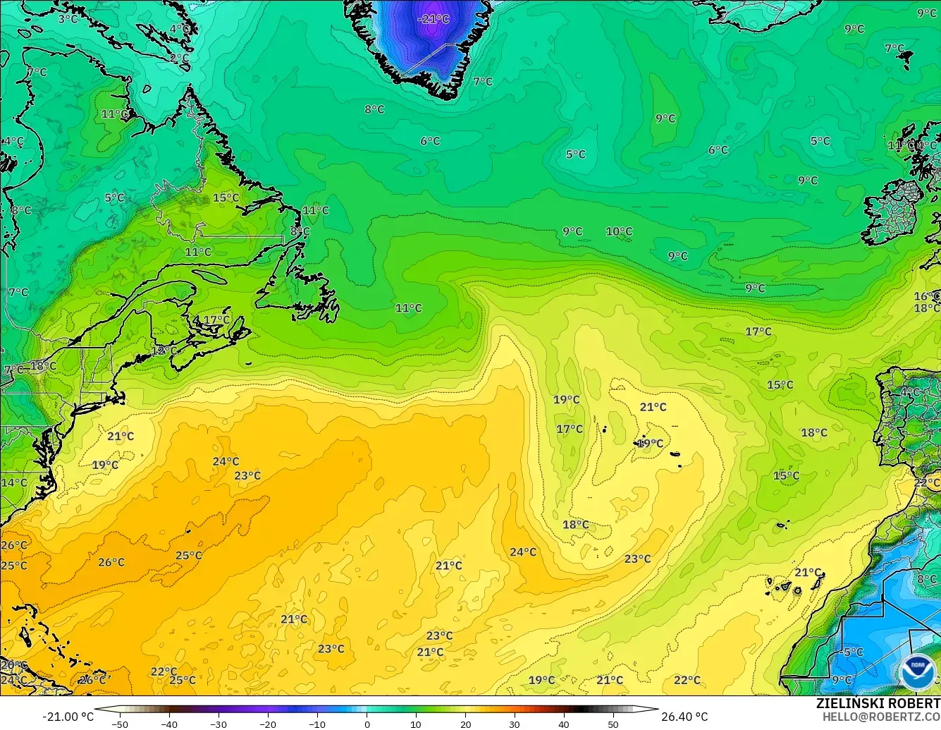 GFS modelo - Atlântico Norte, Ponto de orvalho a 2 m