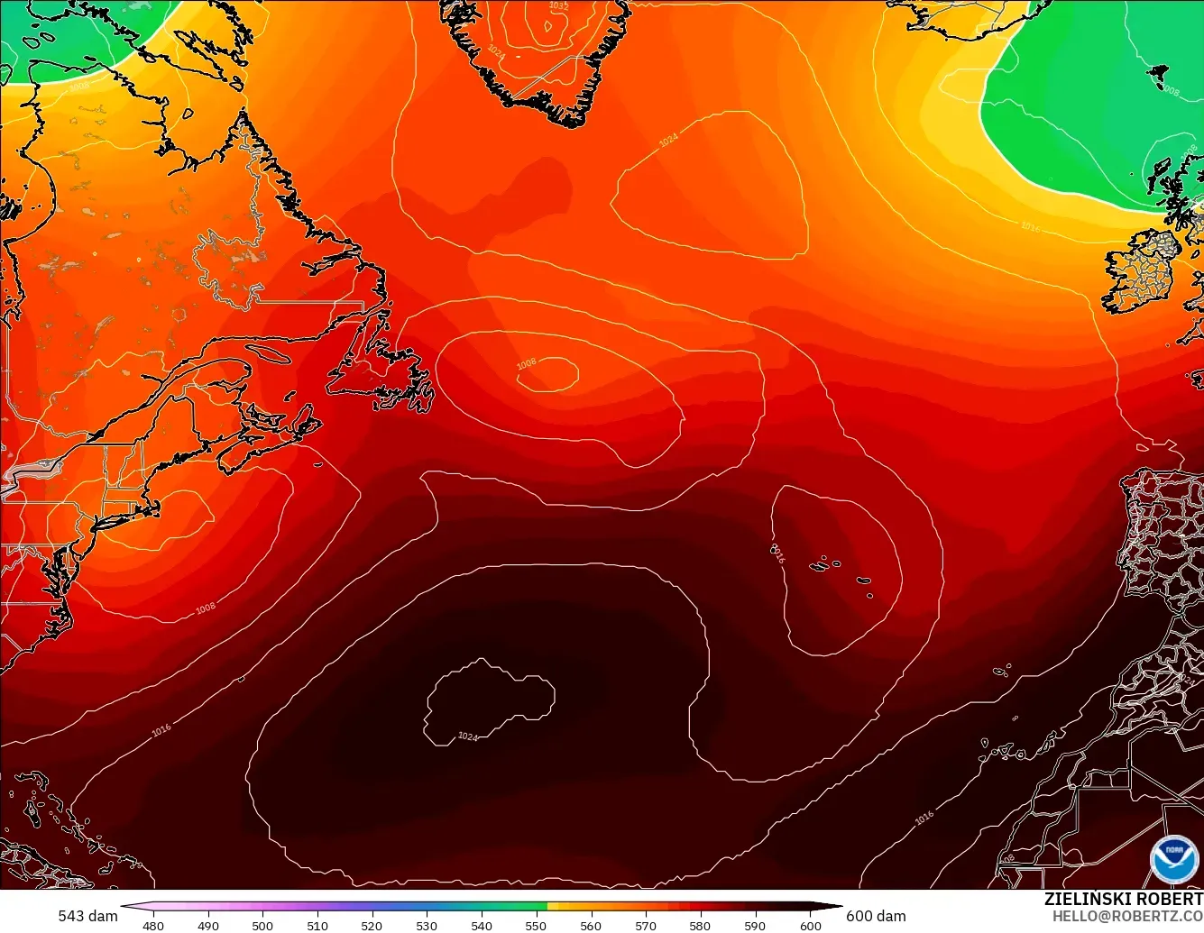 GFS modelo - Atlântico Norte, Altura geopotencial a 500 hPa