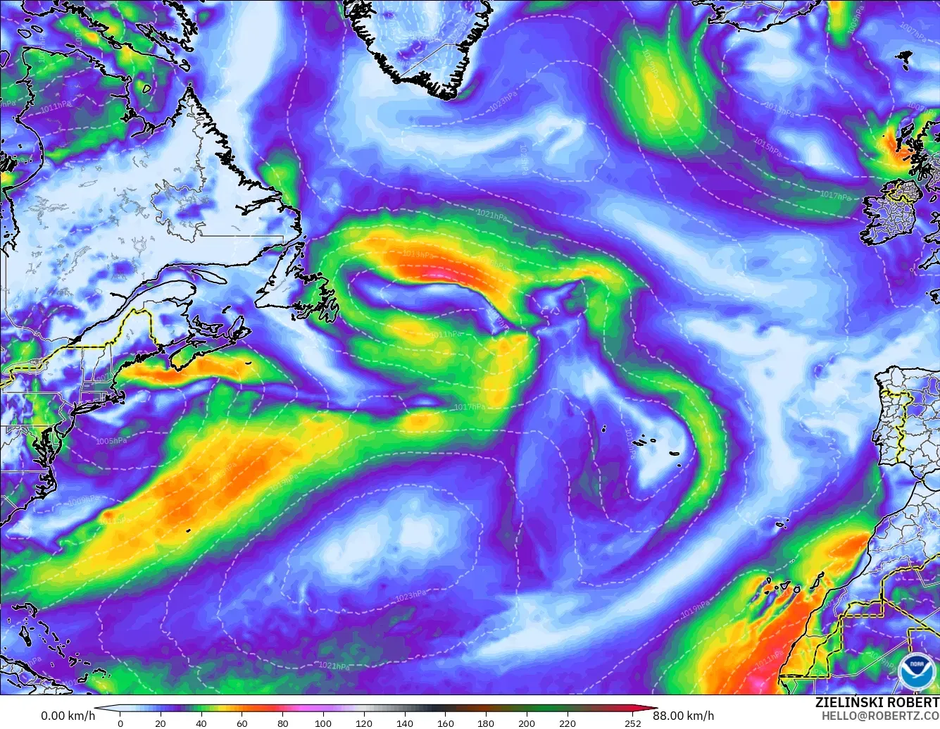 GFS modelo - Atlântico Norte, Rajadas de Vento Máximas