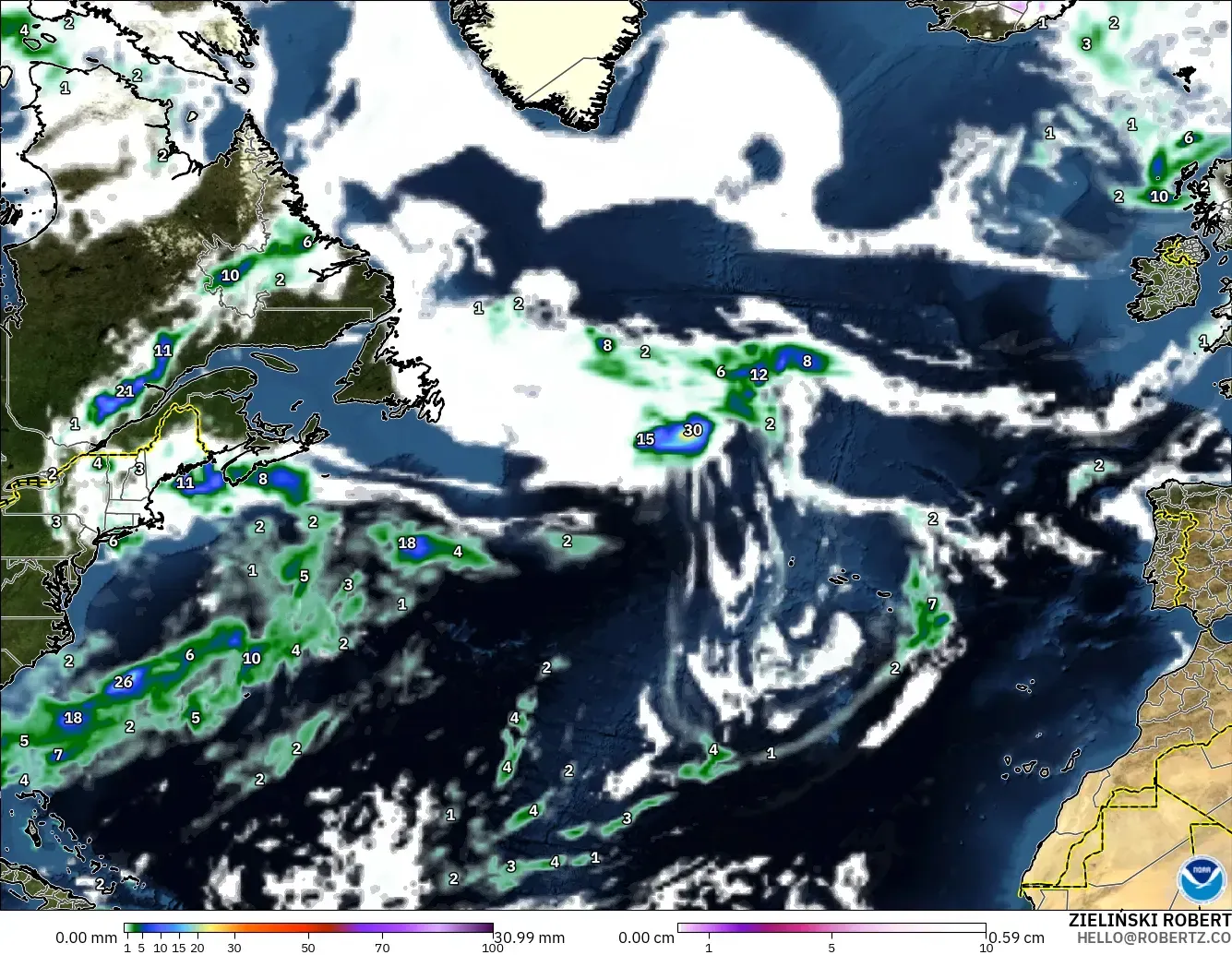 GFS modelo - Atlântico Norte, Precipitação, nuvens e pressão