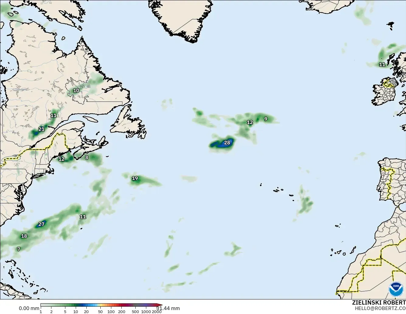 GFS modelo - Atlântico Norte, Acúmulo de precipitação