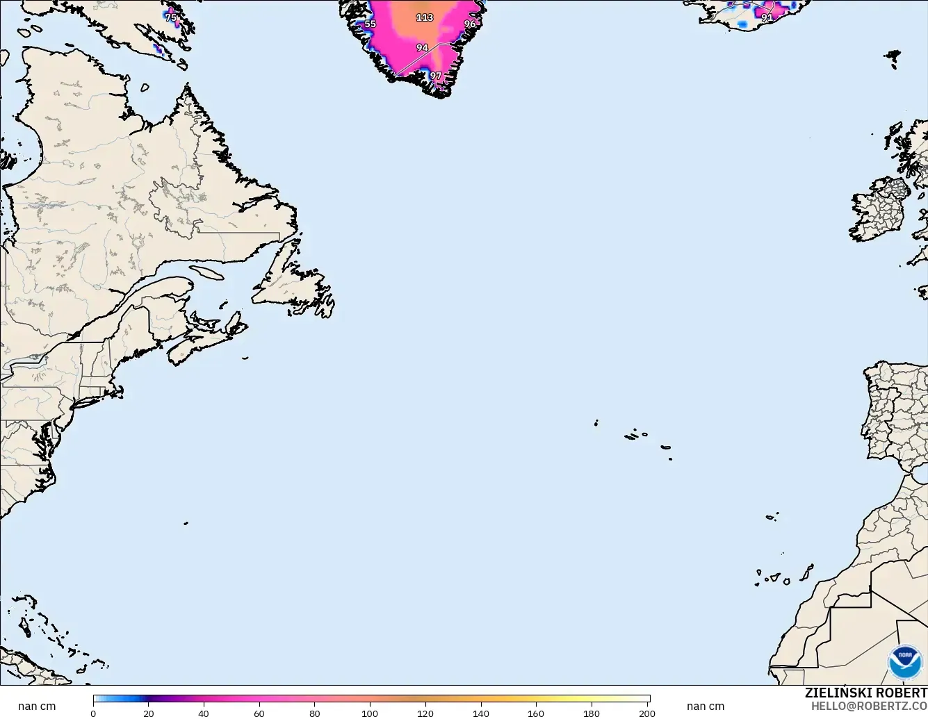GFS modelo - Atlântico Norte, Profundidade da neve