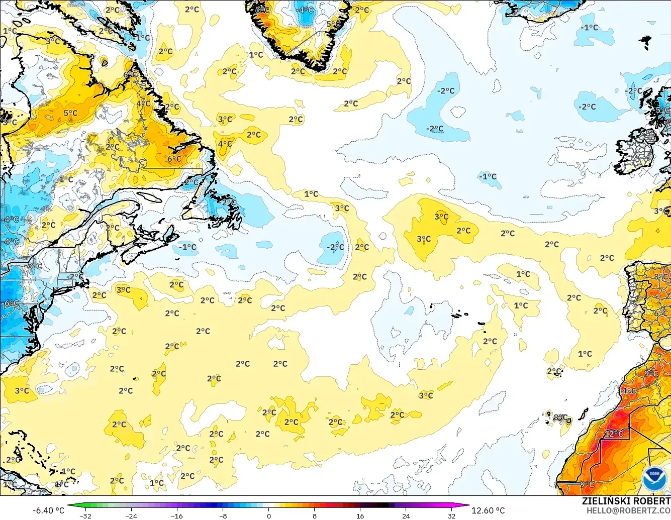 GFS modelo - Atlântico Norte, Anomalia de temperatura a 2 m