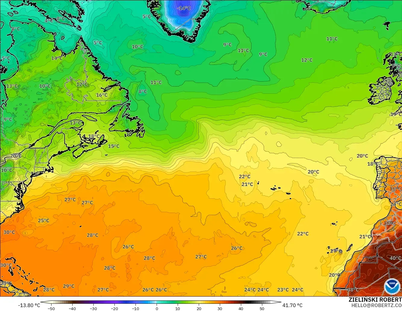 GFS modelo - Atlântico Norte, Temperatura a 2 m