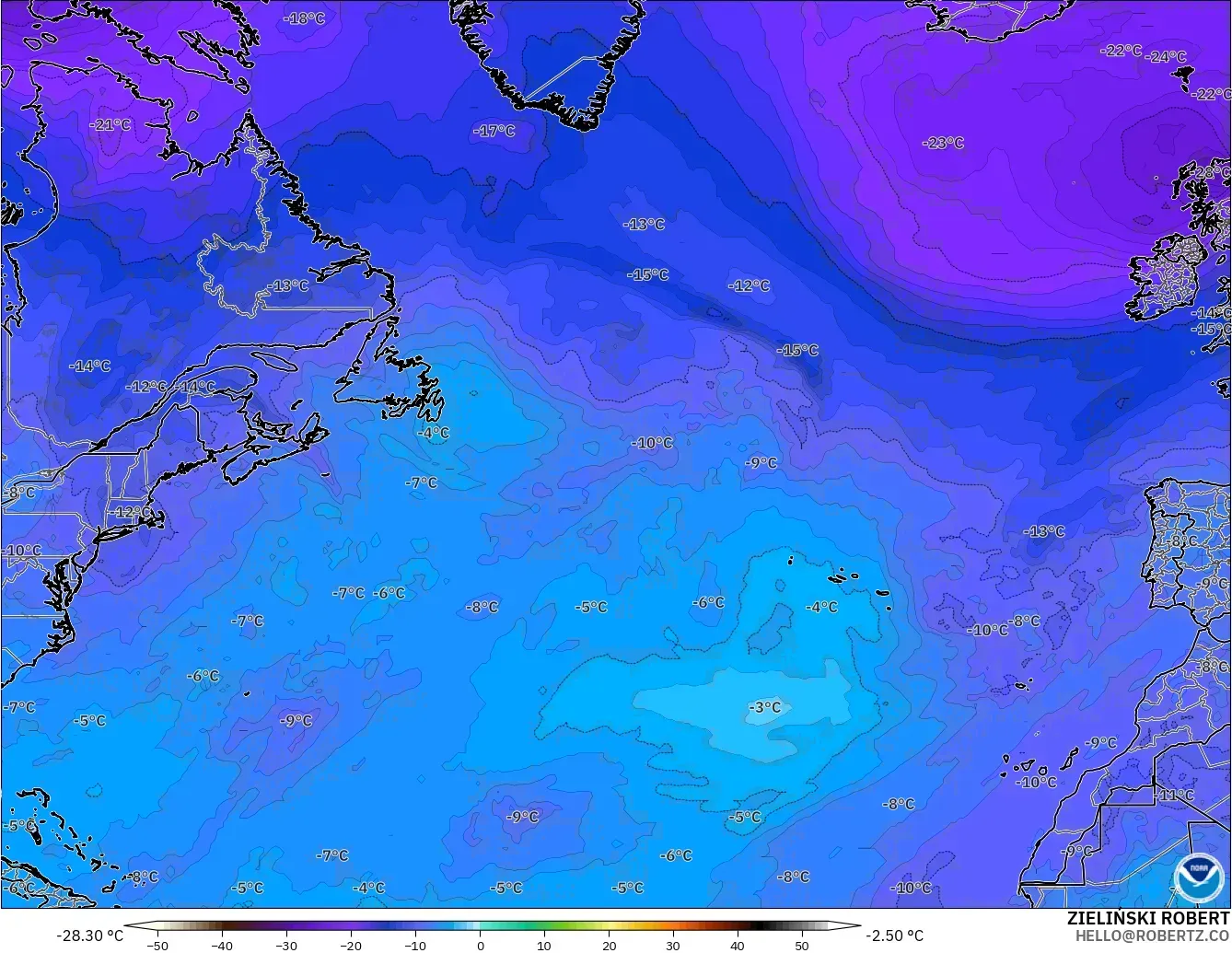 GFS modelo - Atlântico Norte, Temperatura a 500 hPa