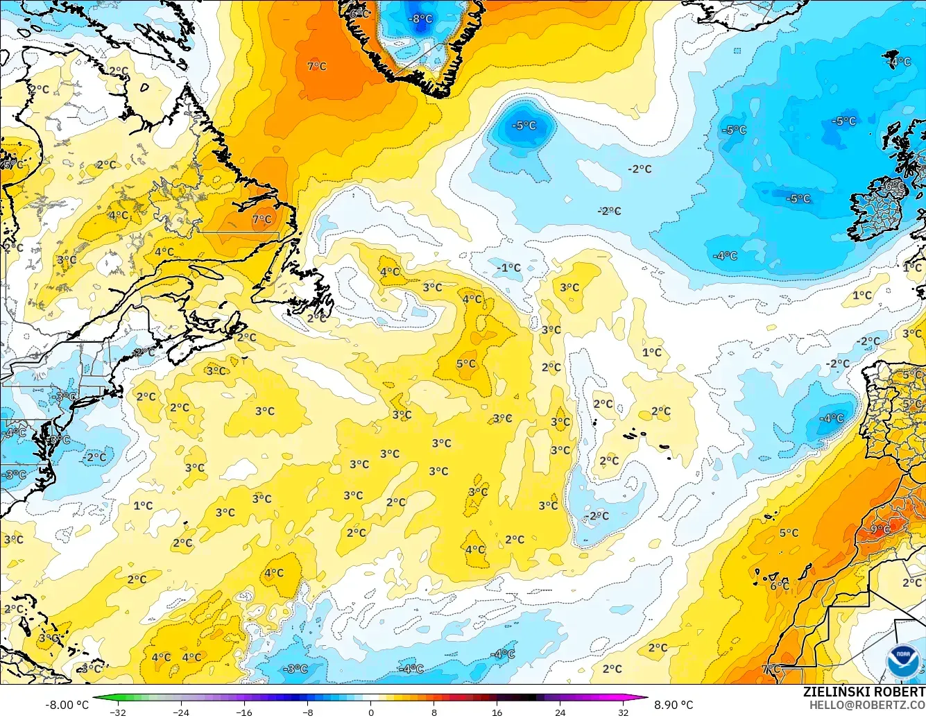GFS modelo - Atlântico Norte, Anomalia de temperatura a 850 hPa