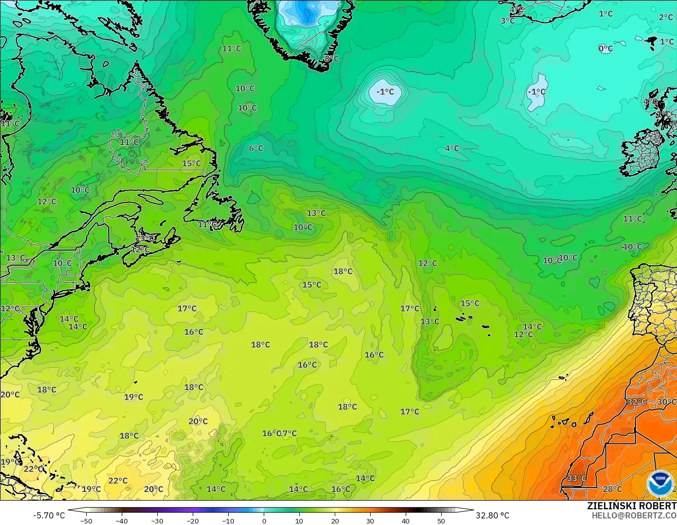 GFS modelo - Atlântico Norte, Temperatura a 850 hPa