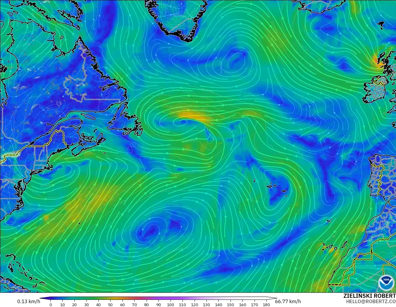 GFS modelo - Atlântico Norte, Vento a 10 m