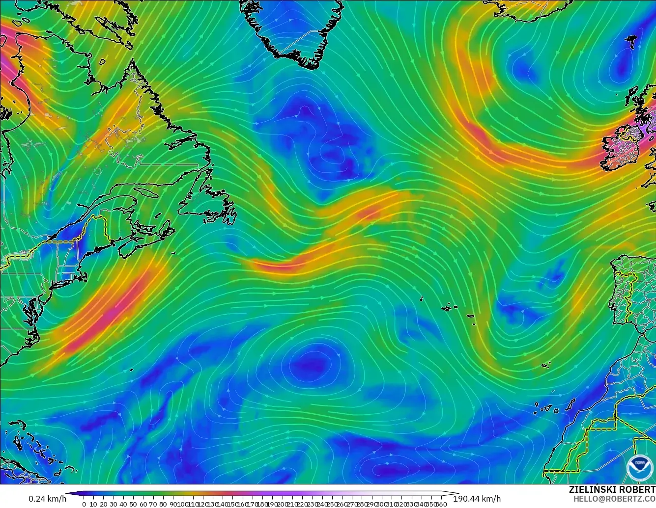GFS modelo - Atlântico Norte, Vento a 300 hPa (corrente em jato)