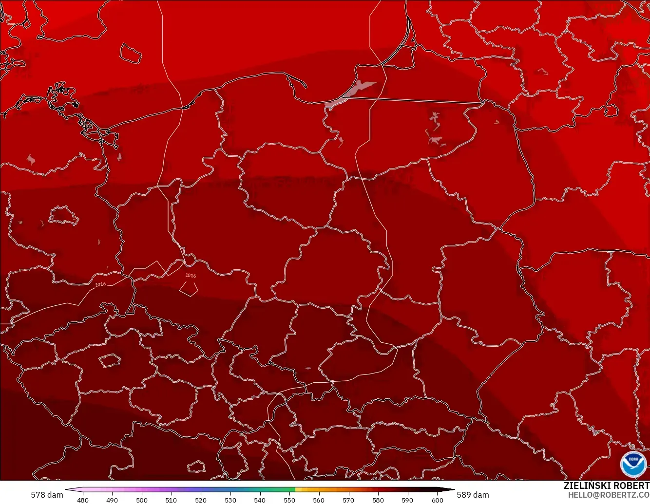 GFS modelo - Polônia, Altura geopotencial a 500 hPa