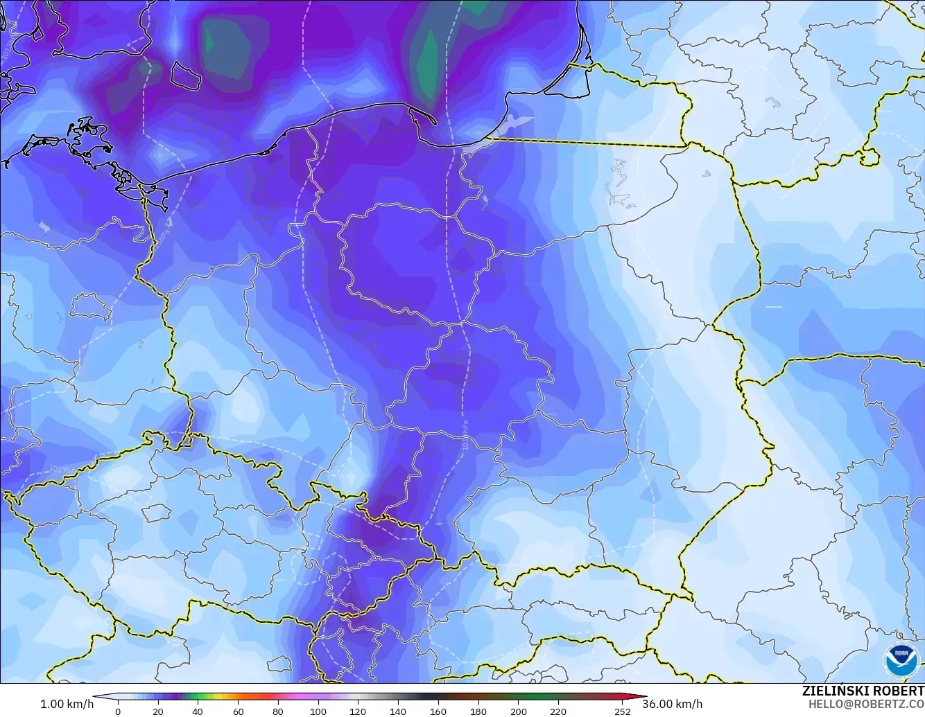 GFS modelo - Polônia, Rajadas de vento