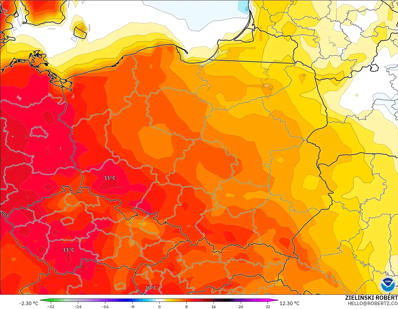 GFS modelo - Polônia, Anomalia de temperatura a 2 m