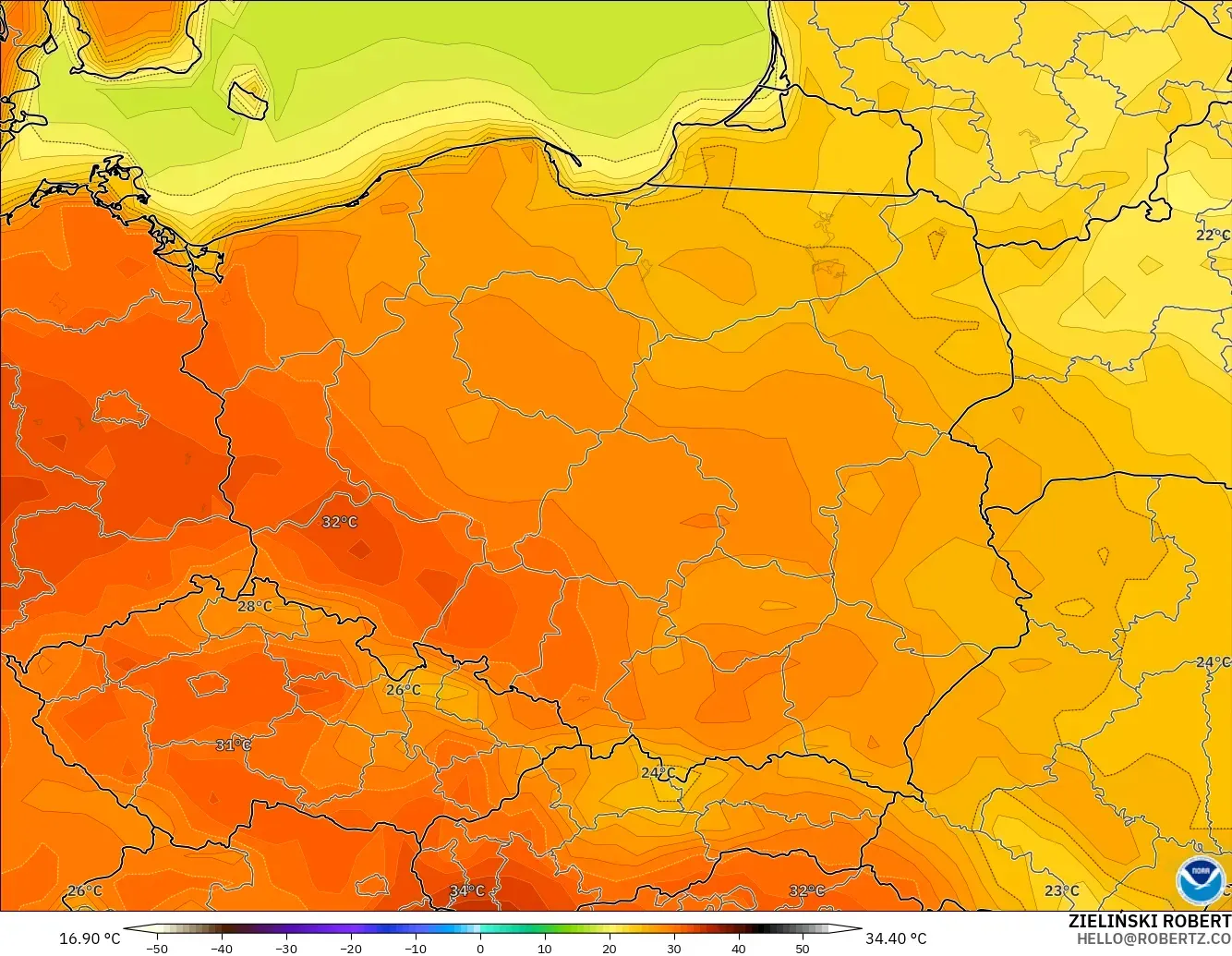 GFS modelo - Polônia, Temperatura a 2 m