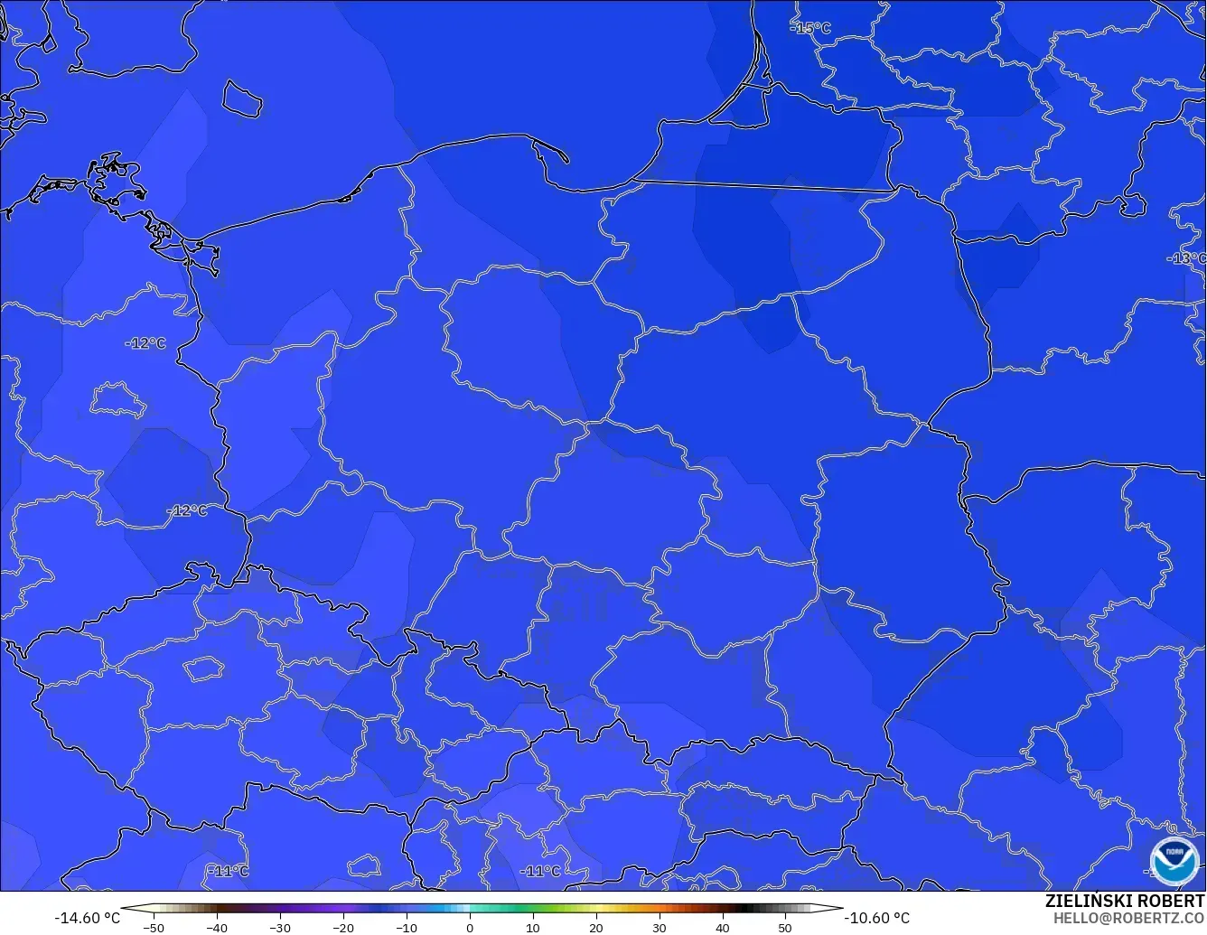 GFS modelo - Polônia, Temperatura a 500 hPa