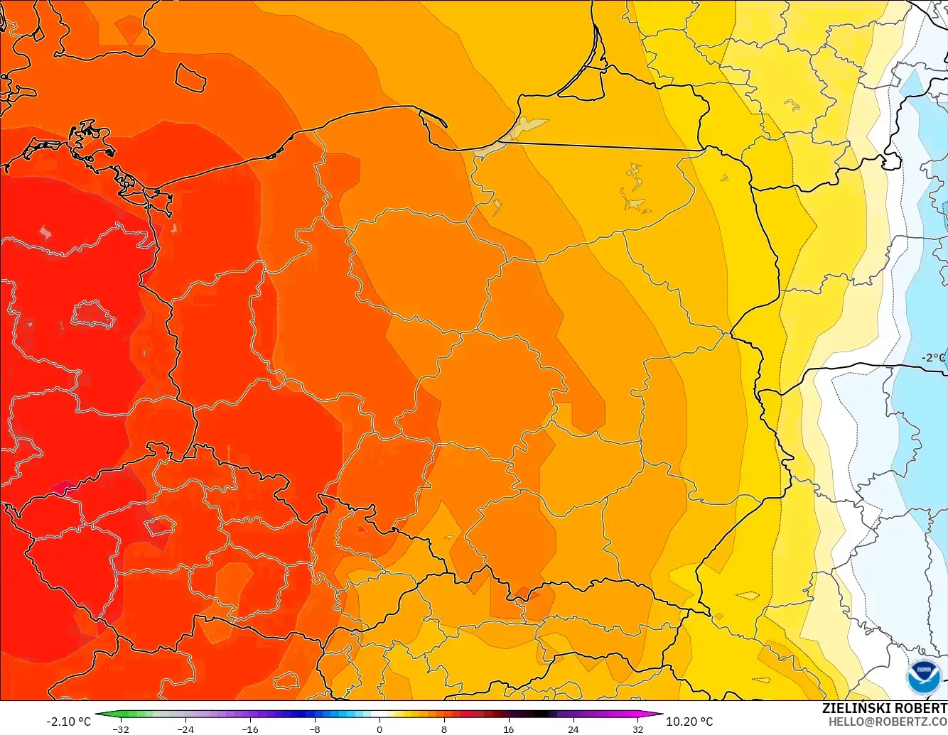 GFS modelo - Polônia, Anomalia de temperatura a 850 hPa