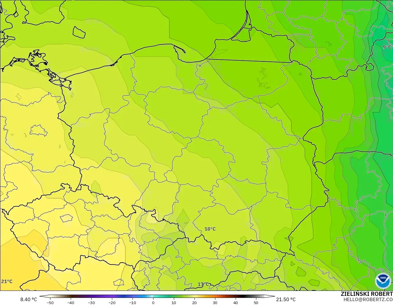 GFS modelo - Polônia, Temperatura a 850 hPa