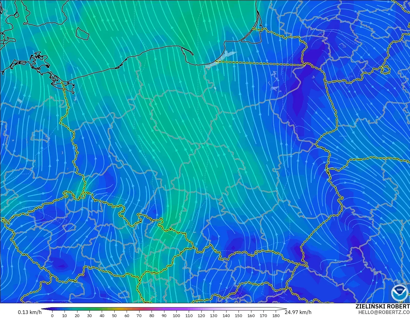 GFS modelo - Polônia, Vento a 10 m