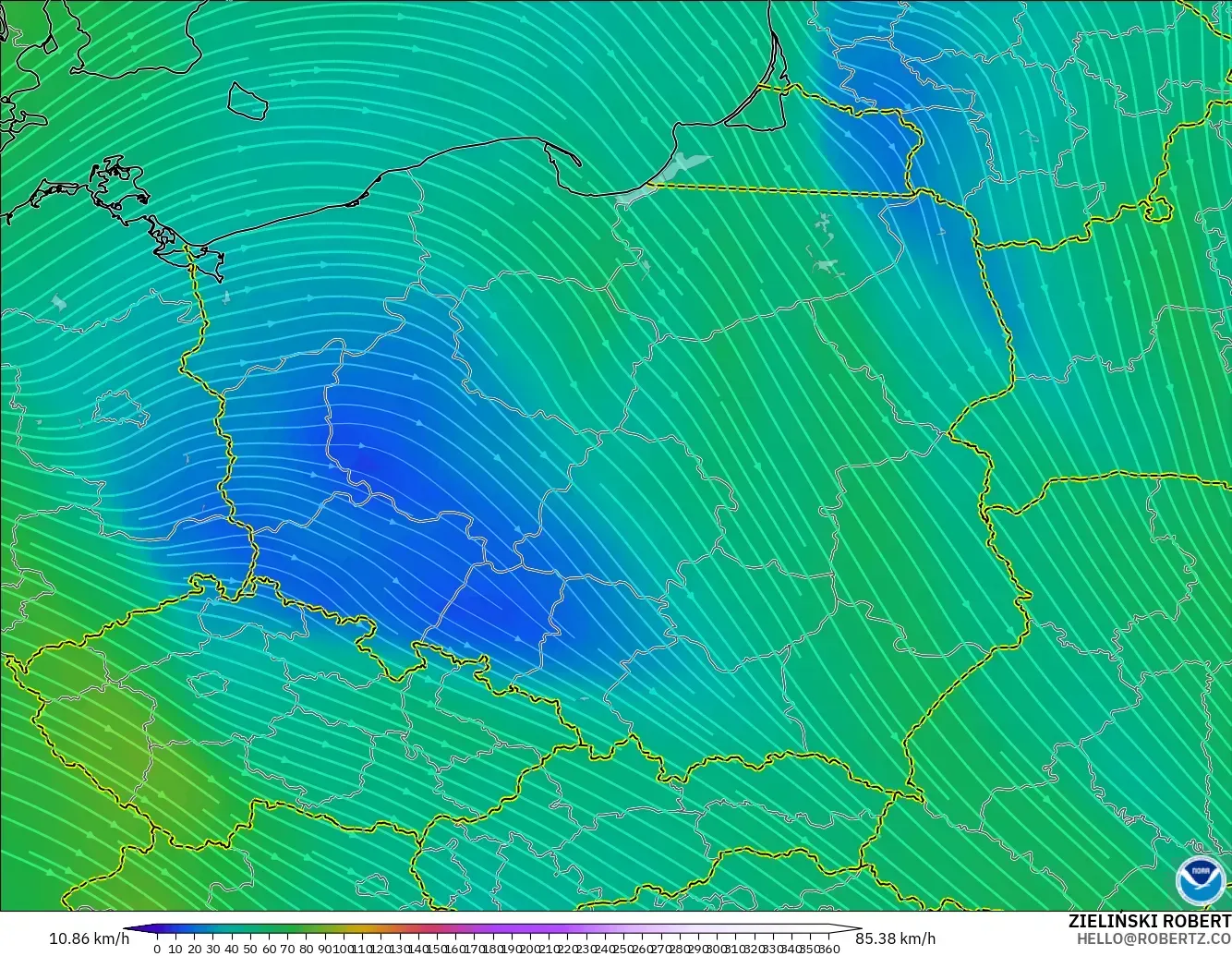 GFS modelo - Polônia, Vento a 300 hPa (corrente em jato)