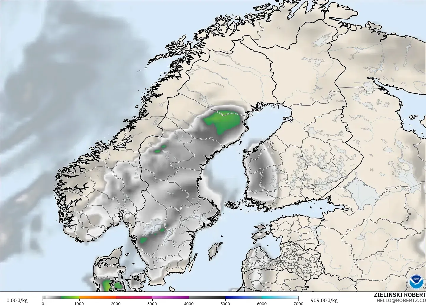 GFS modelo - Escandinávia, CAPE