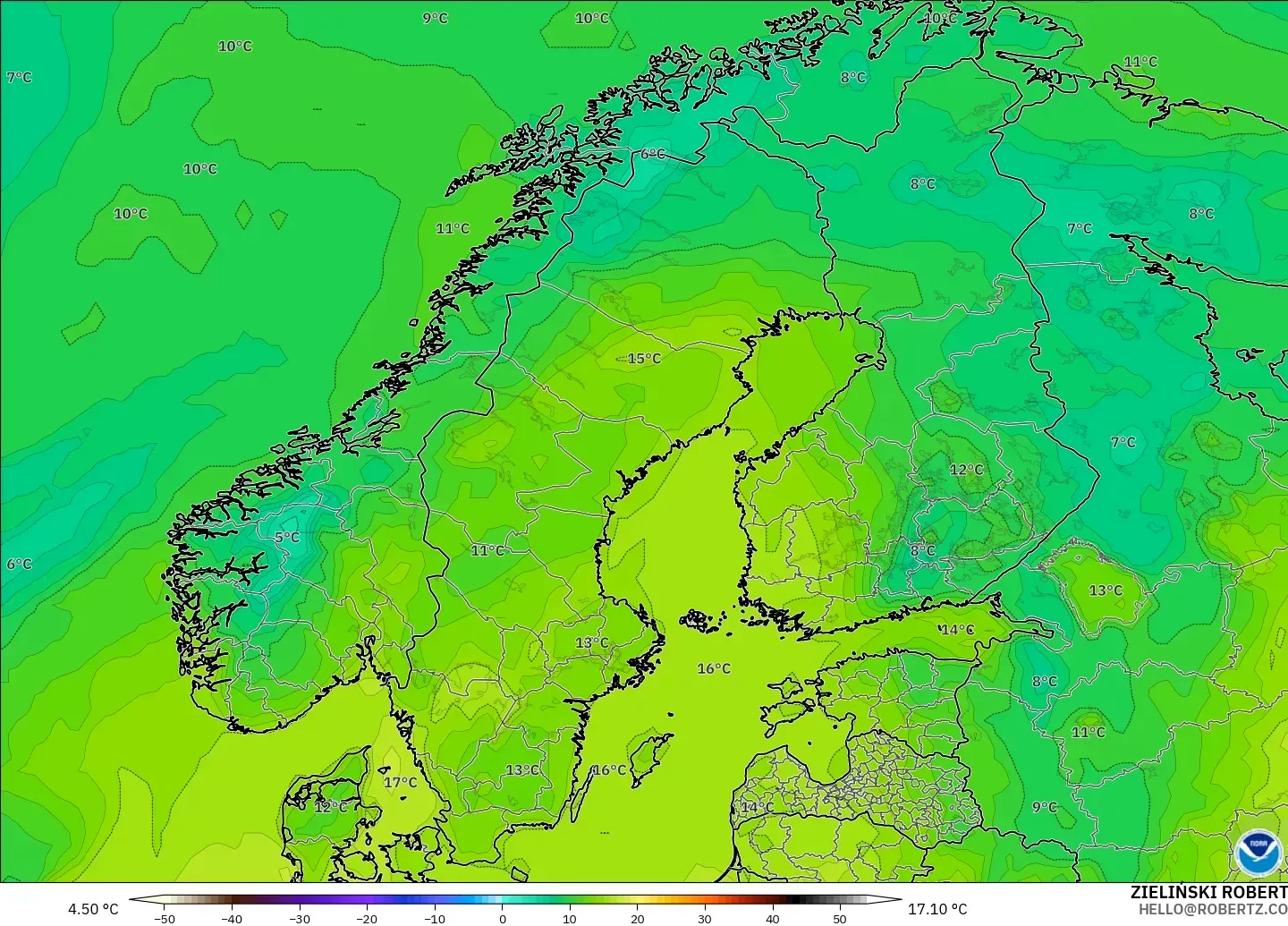 GFS modelo - Escandinávia, Ponto de orvalho a 2 m
