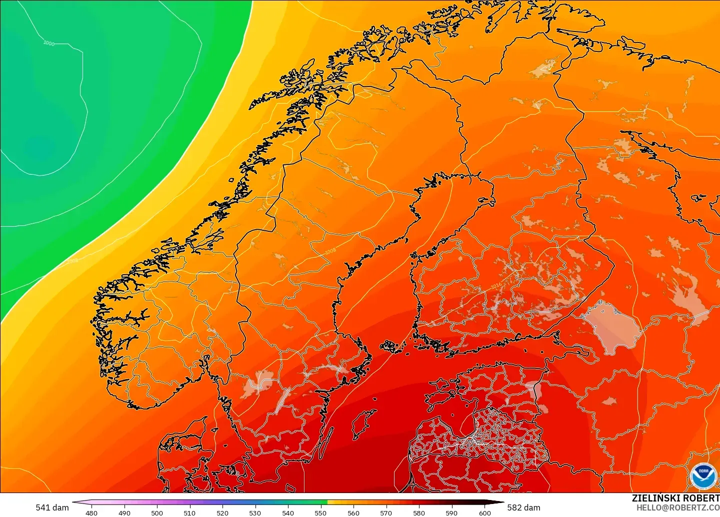 GFS modelo - Escandinávia, Altura geopotencial a 500 hPa