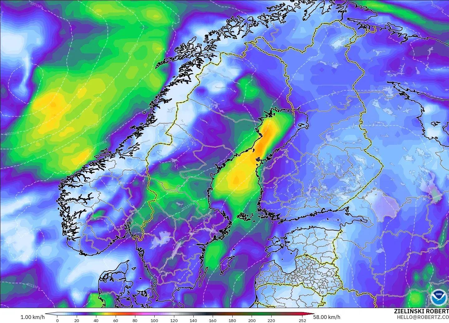 GFS modelo - Escandinávia, Rajadas de Vento Máximas