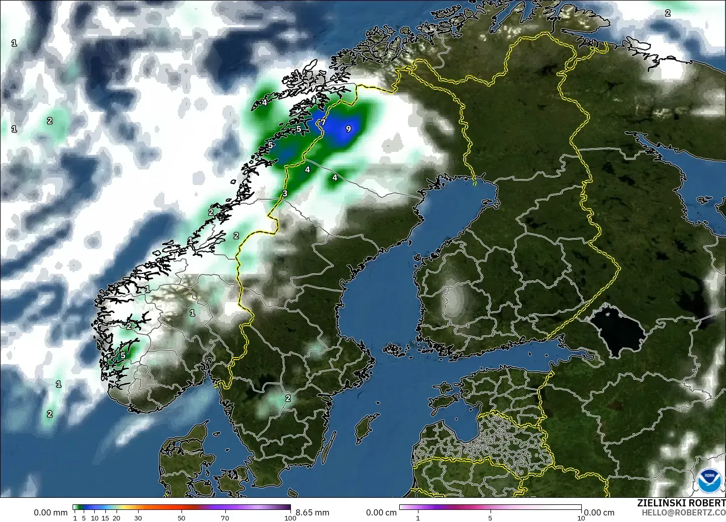 GFS modelo - Escandinávia, Precipitação, nuvens e pressão