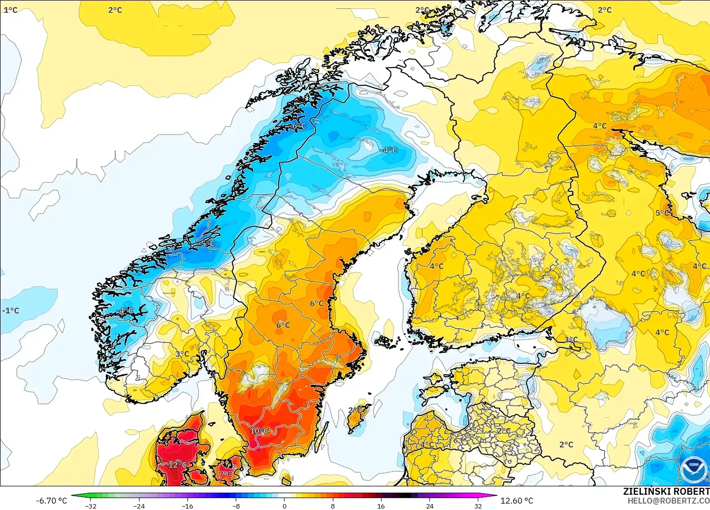 GFS modelo - Escandinávia, Anomalia de temperatura a 2 m