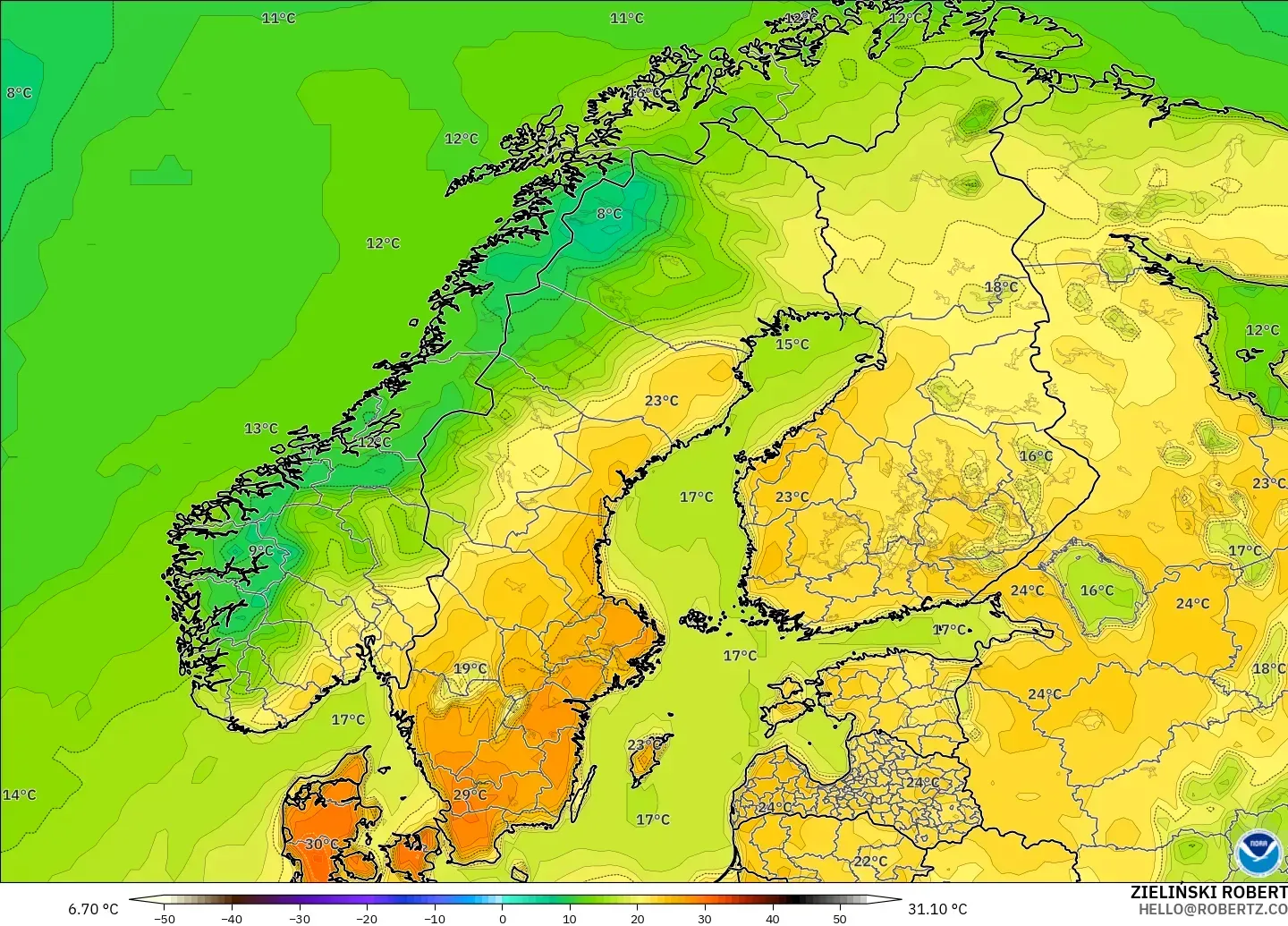 GFS modelo - Escandinávia, Temperatura a 2 m