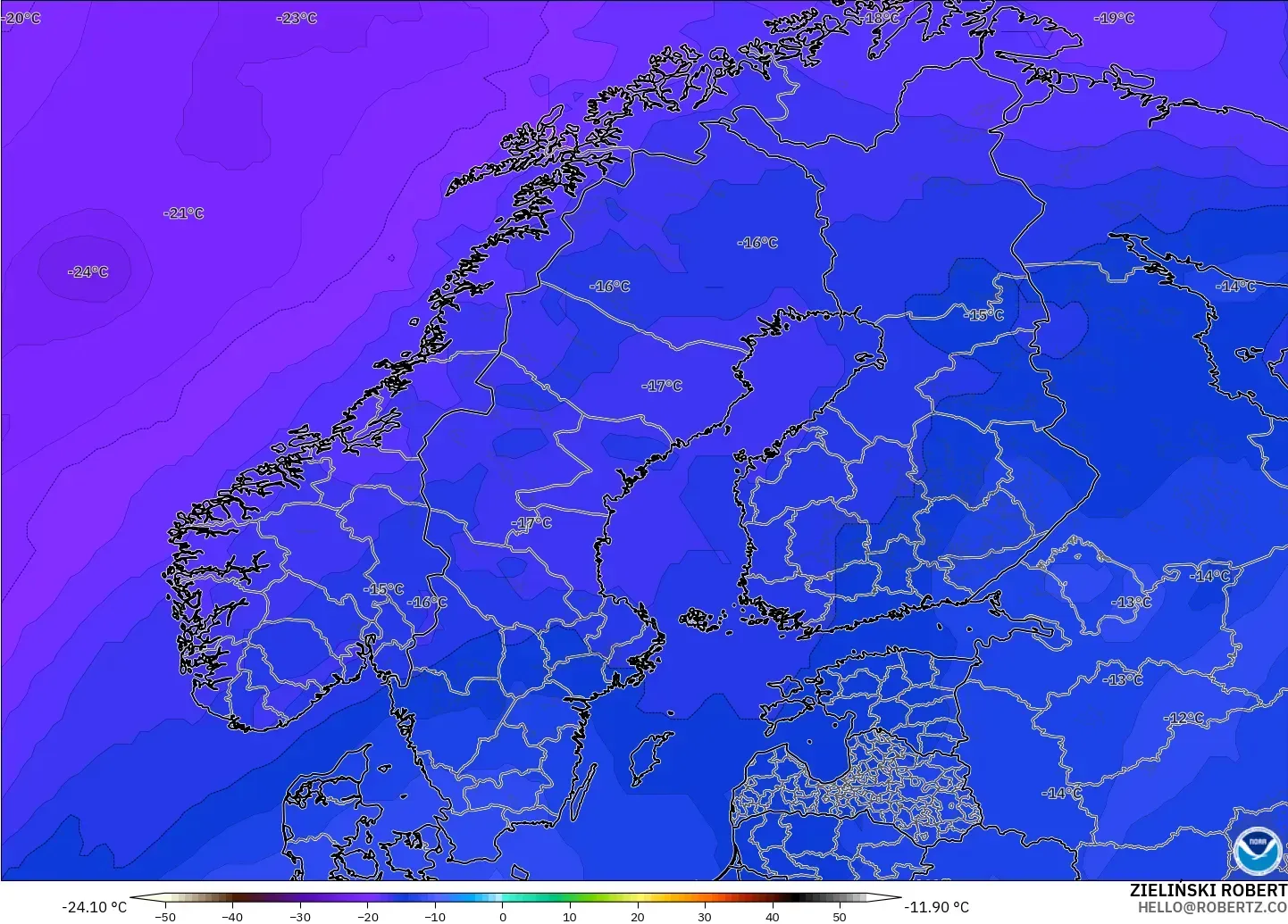 GFS modelo - Escandinávia, Temperatura a 500 hPa