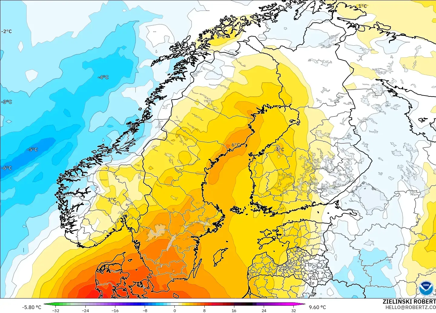 GFS modelo - Escandinávia, Anomalia de temperatura a 850 hPa