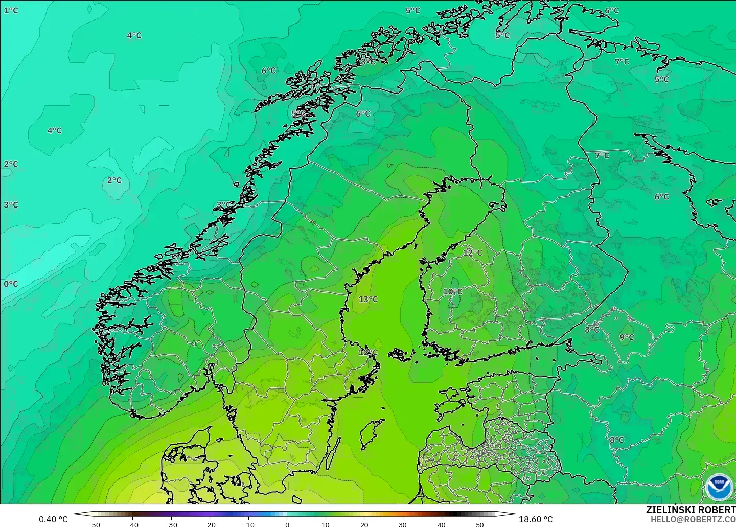 GFS modelo - Escandinávia, Temperatura a 850 hPa
