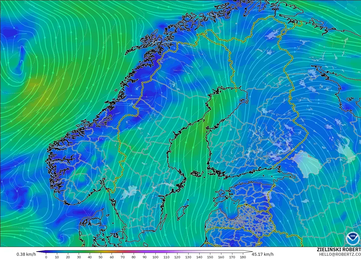 GFS modelo - Escandinávia, Vento a 10 m