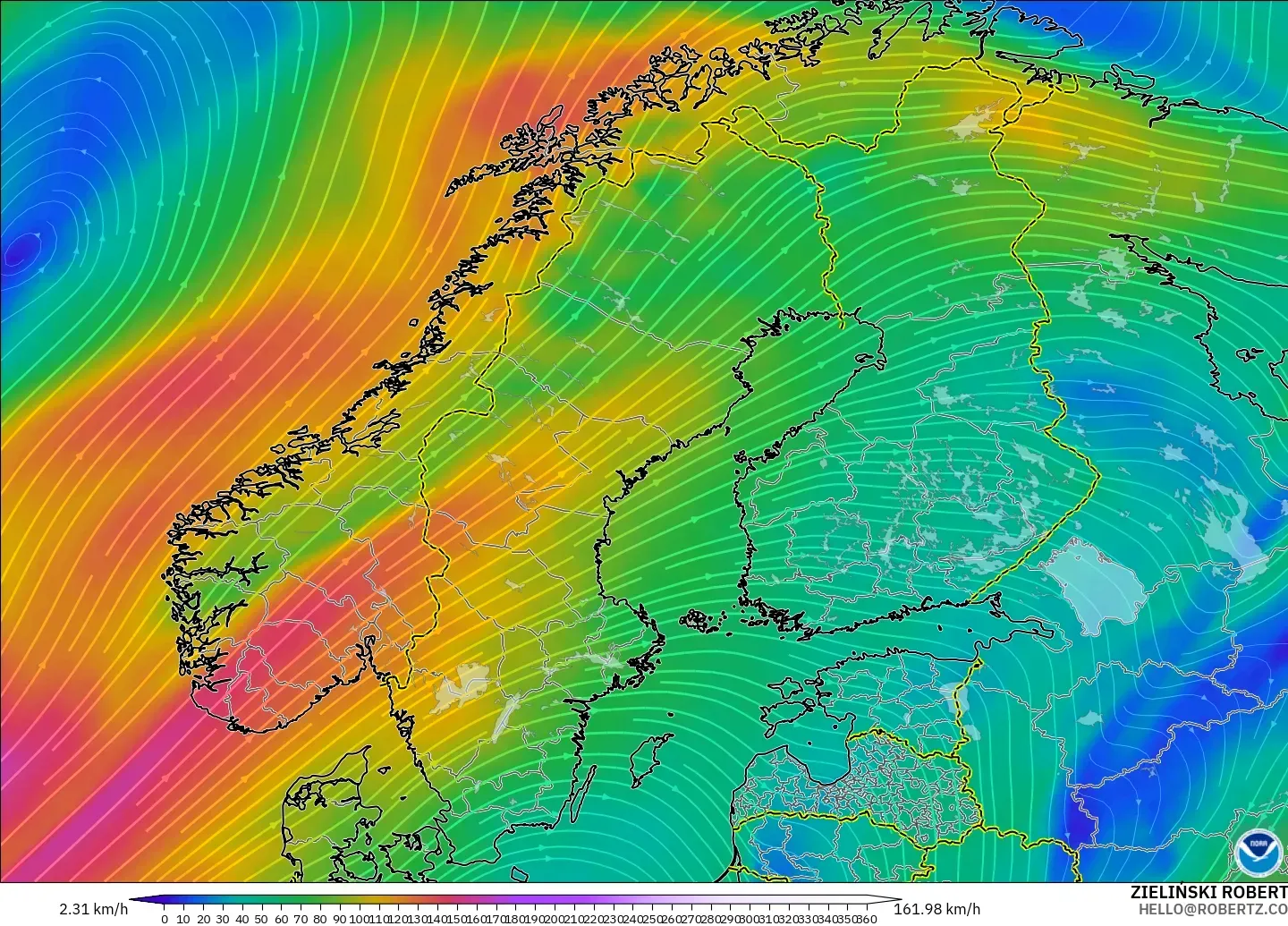 GFS modelo - Escandinávia, Vento a 300 hPa (corrente em jato)