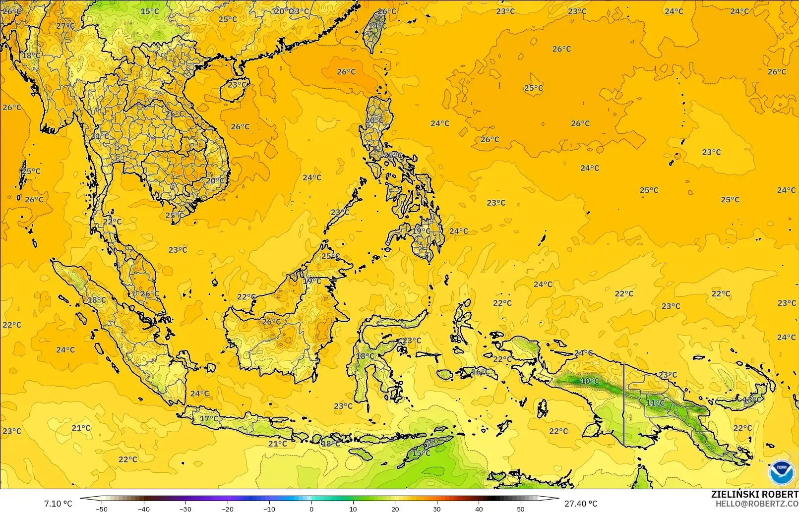 GFS modelo - Sudeste Asiático, Ponto de orvalho a 2 m