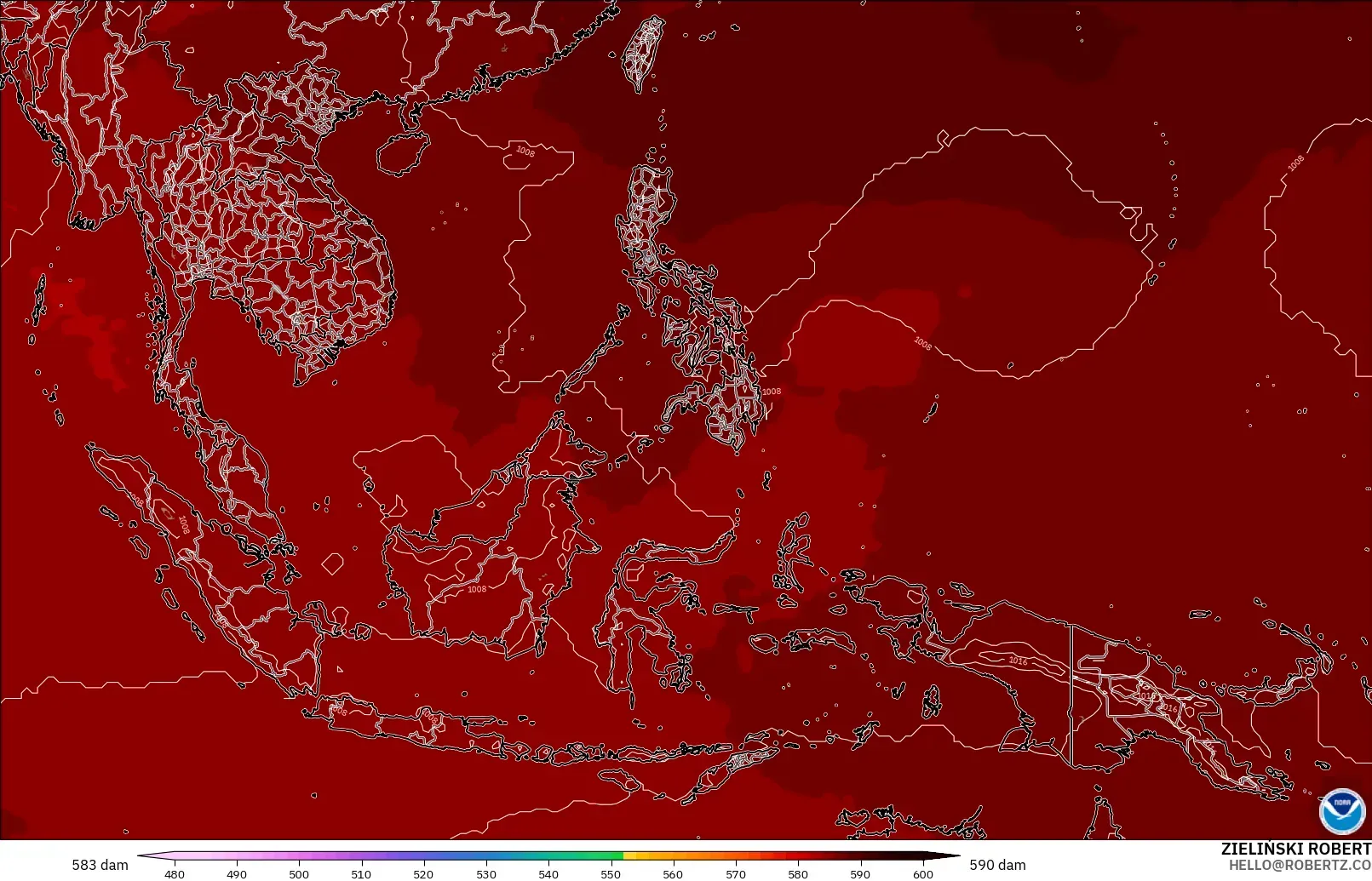 GFS modelo - Sudeste Asiático, Altura geopotencial a 500 hPa