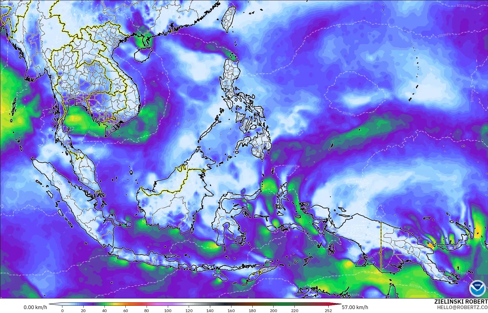 GFS modelo - Sudeste Asiático, Rajadas de vento