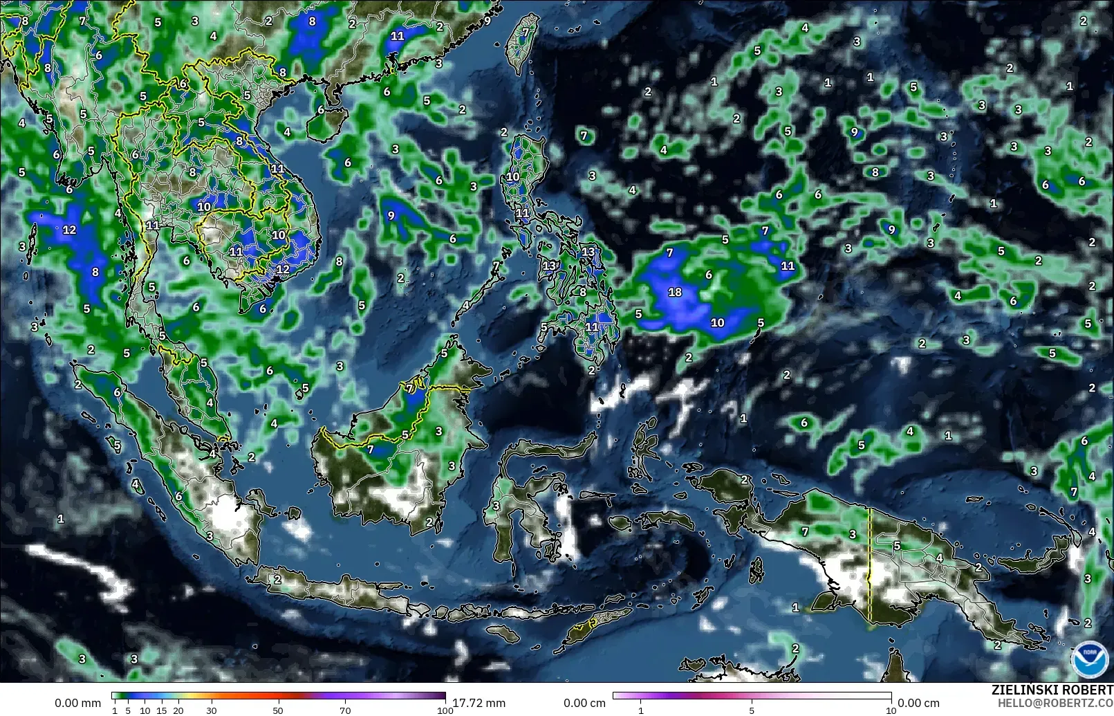GFS modelo - Sudeste Asiático, Precipitação, nuvens e pressão